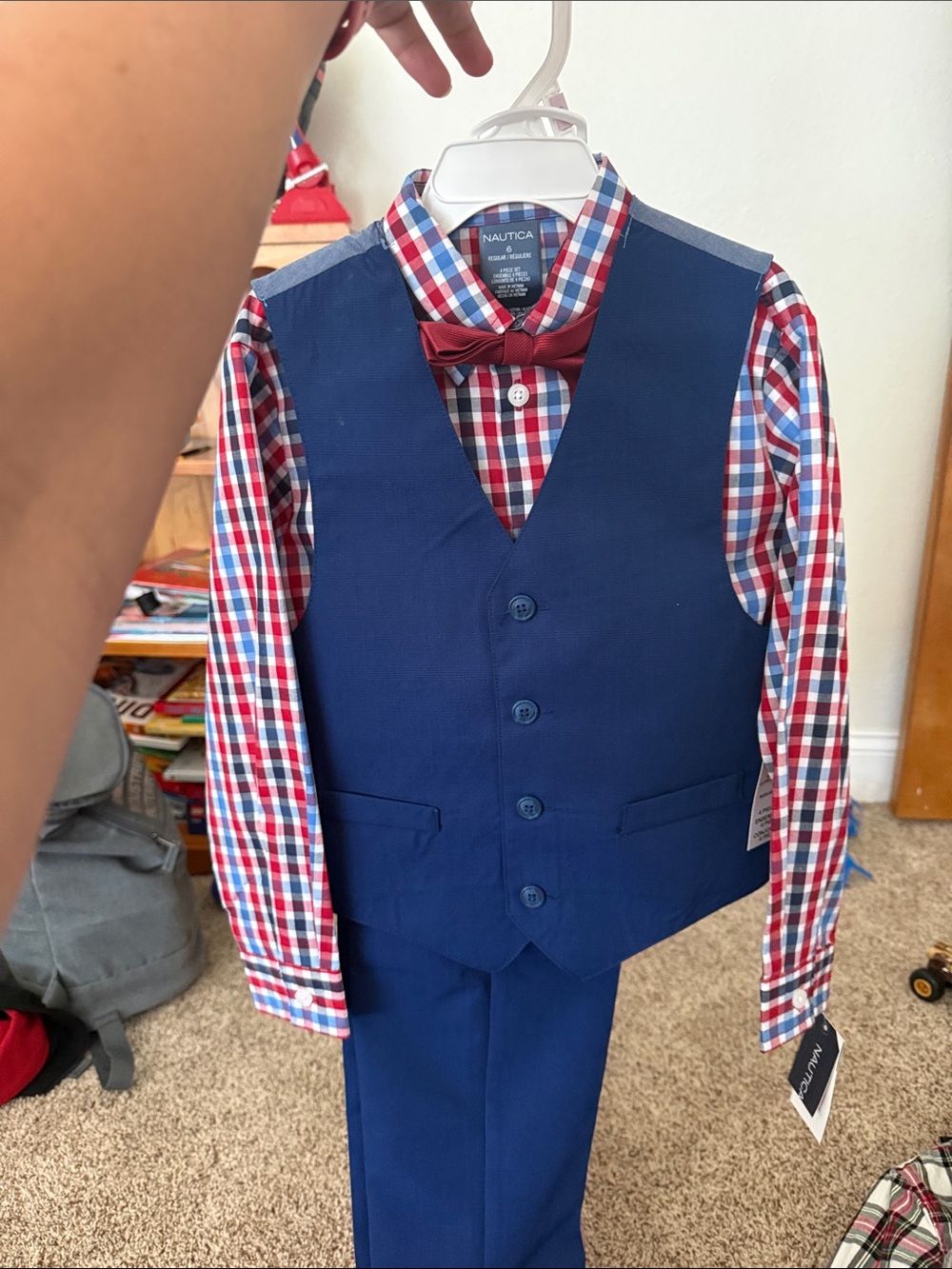 Nautica Navy Vest & Pants with Red Plaid Shirt and Red Bow Tie